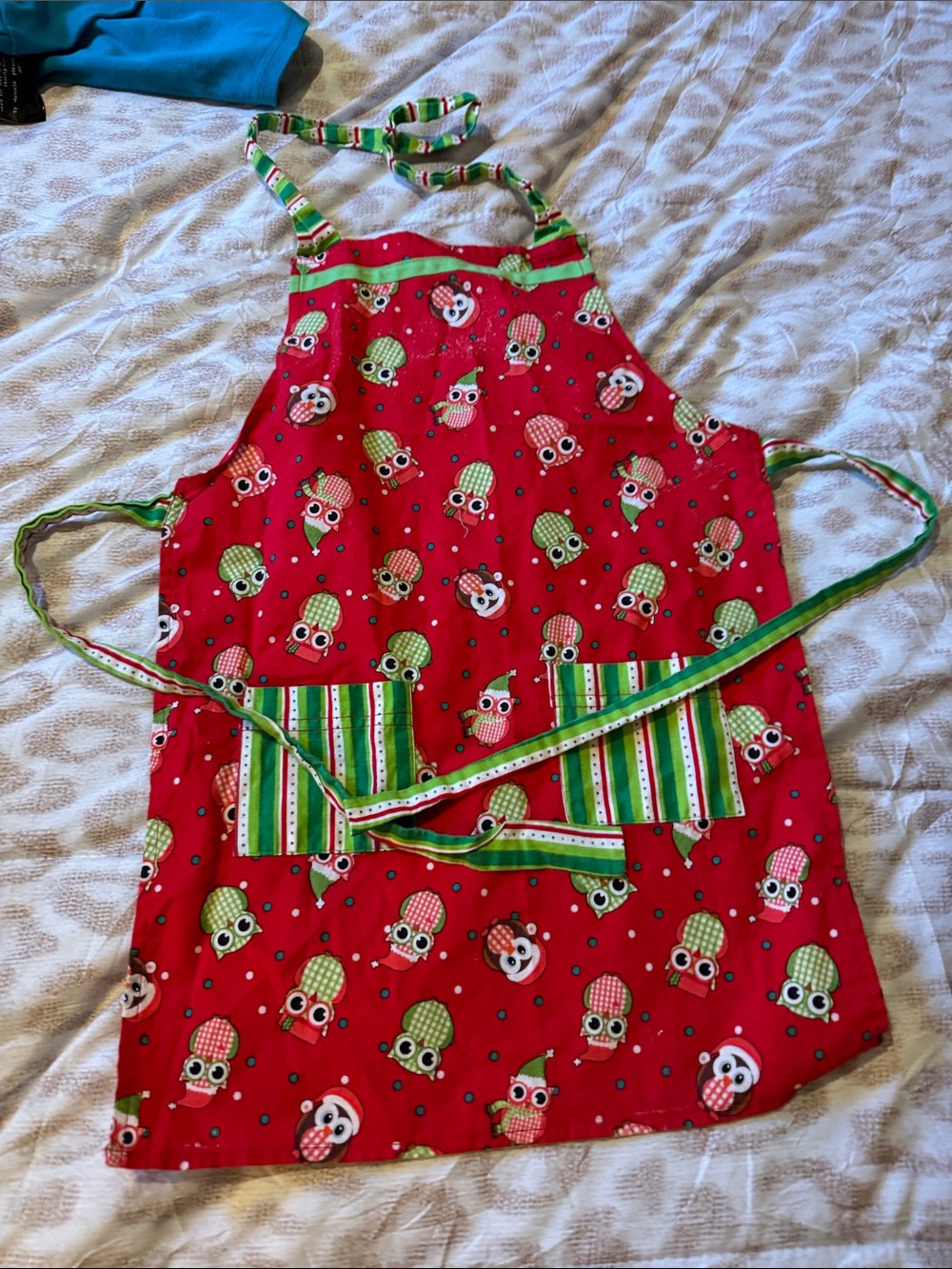 Kids Red Owl Print Apron with Green Striped Pockets